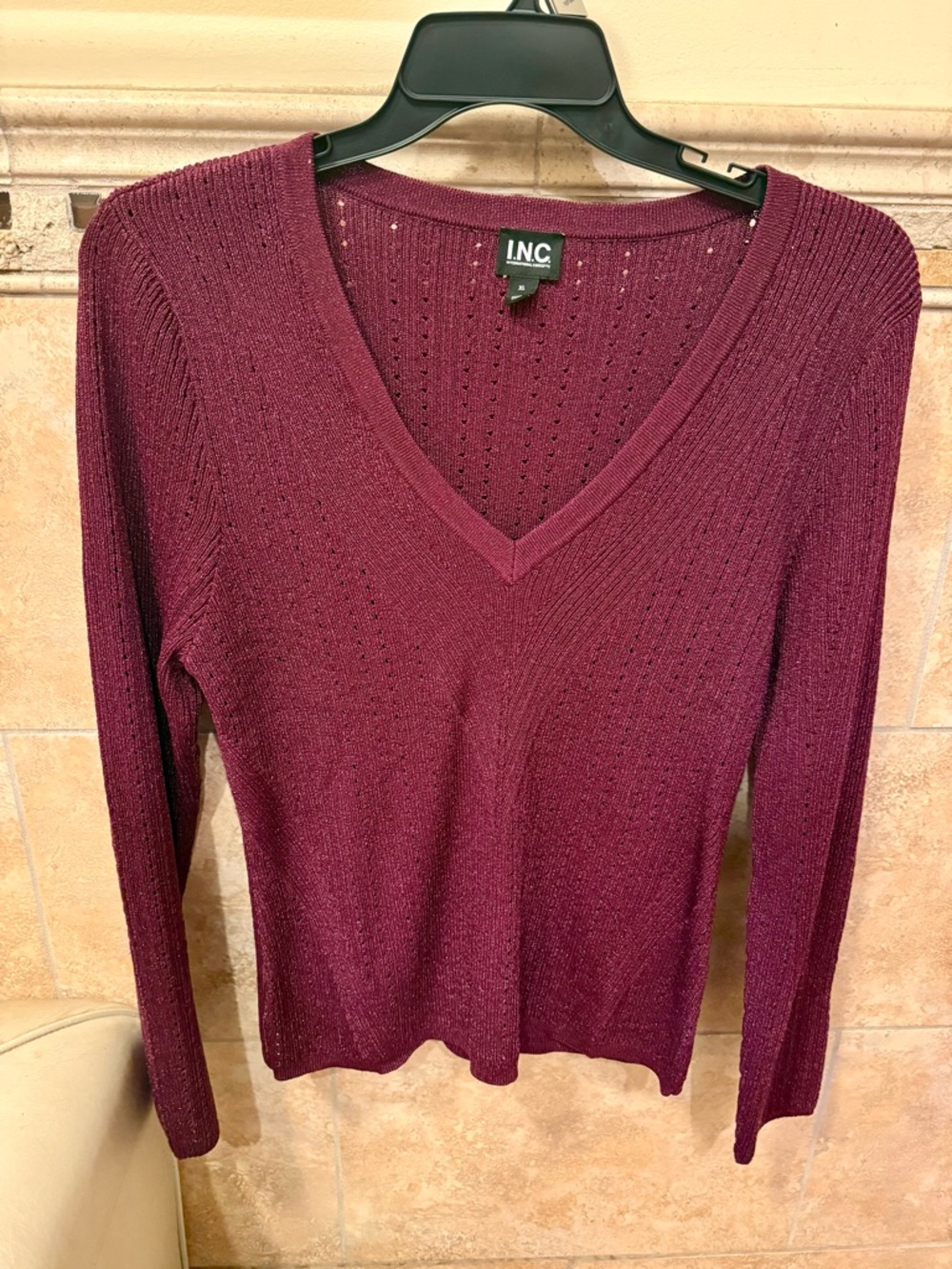 INC International Concepts Textured V-Neck Sweater - Burgundy